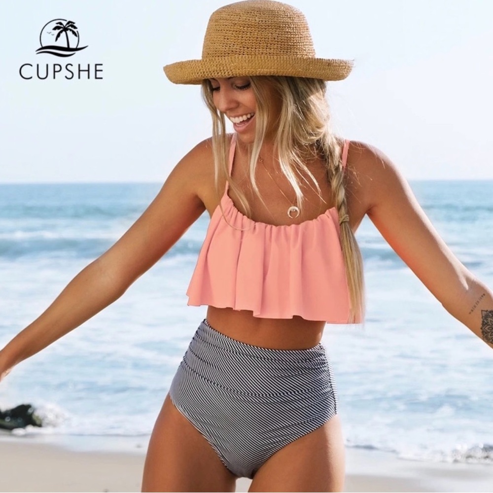 CUPSHE Pink and Stripe High Waisted Bikini Sets Sexy TankTop Swimsuit Two Size S